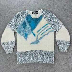 Vintage 80s City Zone Sweater Fuzzy Blue and White Size Medium Christmas Colors